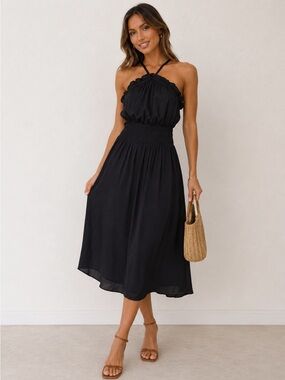 Women's Navy Halter Midi Dress - Smocked Waist Sundress